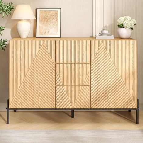 Credenza bassa da soggiorno 115.5x40x76 cm, mobile contenitore per cucina, madia con ante geometriche e gambe in metallo, Naturale (1/5)