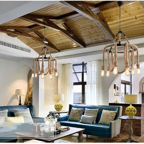 TrAdE Shop Traesio - Lampadario Vintage 6 Portalampada E27 Corda Canapa Lampada Country Retro A38-6 - (1/5)