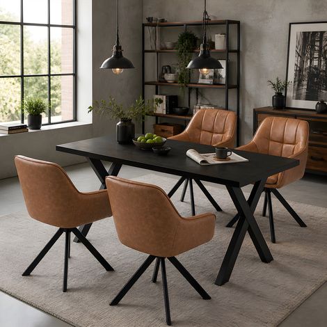 GOEURVANT Conjunto comedor Roble Negro y Polipiel Marrón, 5 piezas, Mesa industrial con patas X y 4 sillas de comedor giratorias con reposabrazos y cojín extraíble (1/5)