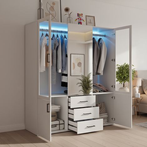 Zweitüriger Kleiderschrank mit Spiegel und Acryltüren, Drehtürenschrank mit LED-Beleuchtung, moderner Garderobenschrank mit 5 Schubladen, 130 x 181,5 x 51,8 cm (B/H/T), Weiß (1/5)
