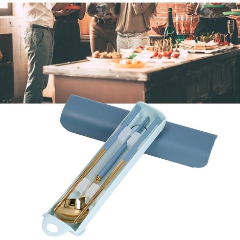 Ensemble de couverts portables en acier inoxydable, boîte de rangement pour baguettes d'étudiant, cuillère de voyage, ensemble individuel, bleu et or. (1/5)