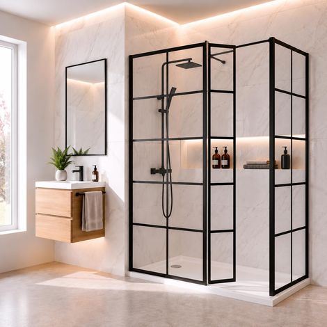 Aquari Grid Wet Room Screen Walk In Shower Enclosure Matt Black 800mm & 800mm with 300mm Hinged Return Panel 8mm Toughened Glass (1/5)