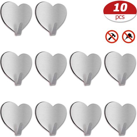 Lot 10 crochets adhésifs coeur acier inoxydable sans couture pour suspendre clés serviettes manteaux cuisine salle de bain