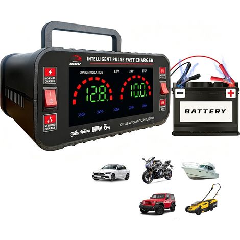 Chargeur de Batterie Intelligent 12V/24V (10A/5A) - Mainteneur avec Réparation par Impulsion 150W - Écran LCD - Pour Auto, Moto, Camion (Plomb-Acide, AGM, GEL)