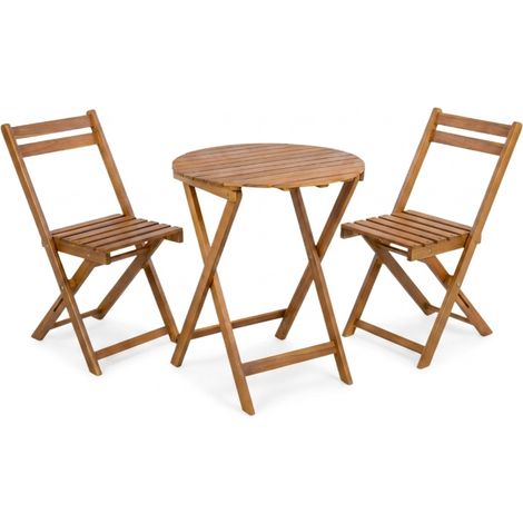 Set da balcone Arlen Bistro con tavolo rotondo e 2 sedie pieghevoli in legno di acacia 7house (1/5)