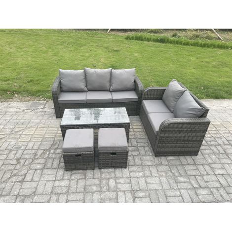 Fimous 7 Seater Outdoor Rattan Garden Furniture Set with Patio Lounge Sofa Set with Rectangular Coffee Table 2 Small Footstools Dark Grey Mixed (1/5)