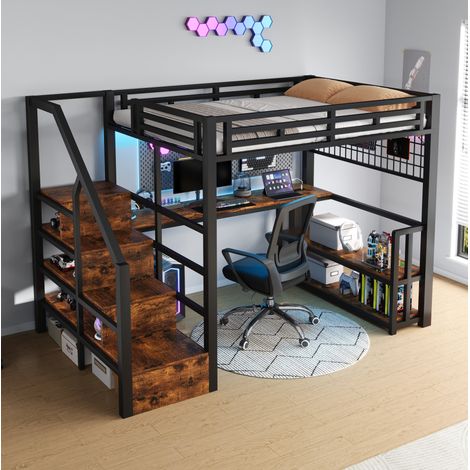 Hochbett 140x200 cm schwarz aus Metall und MDF mit Schreibtisch, Ablagen, USB und LED