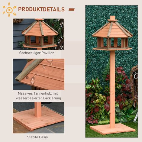 Mangeoire à oiseaux avec pied résistant aux intempéries, abri imperméable, maison en bois pour oiseaux sauvages Ø52 x 130H cm Nature (1/5)