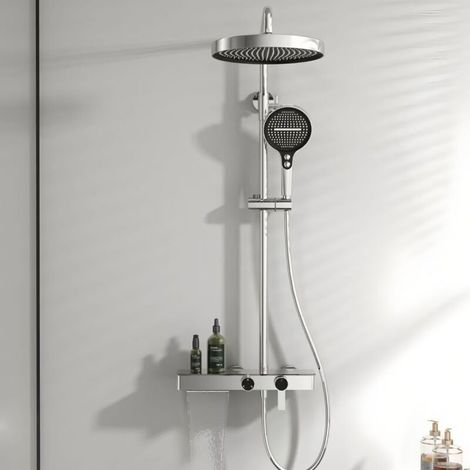 Ampio set doccia con getto d'acqua a cascata, tavolino portaoggetti, acqua calda e fredda in rame, finitura oro spazzolato, ideale per il bagno di casa. (1/4)