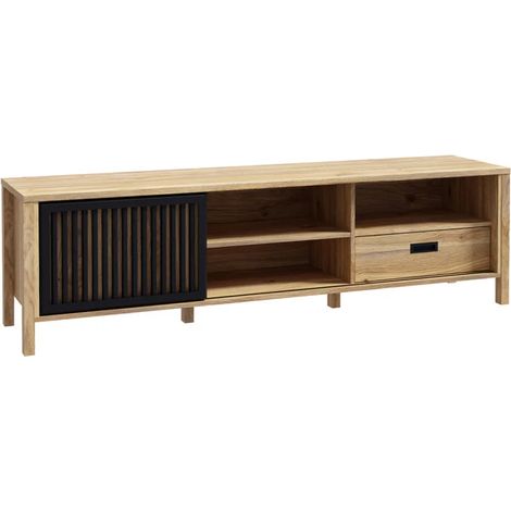 Meuble TV décor chêne avec porte coulissante ajourée noire - SELENA (1/5)