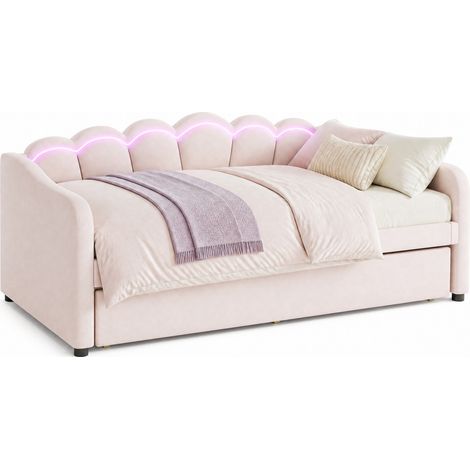 Lit gigogne 90x200 cm en velours rose avec LED d’ambiance, couchage d’appoint, sommier à lattes et tiroir-lit 90x190 cm - CHICFURN (1/5)