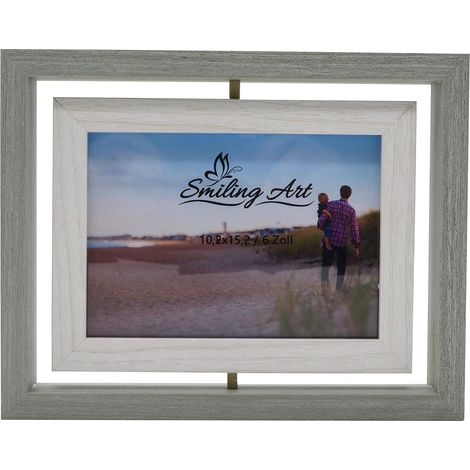 Cadre photo double pivotant pour deux photos 10 x 15 En bois MDF avec verre Pivotant à 360° pour format portrait et paysage Idée cadeau créative (Gris & Blanc, Pivotant, 10x15 cm) (1/5)