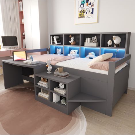 Cama infantil 90x200 cm gris de madera con escritorio, almacenaje y LED (1/5)