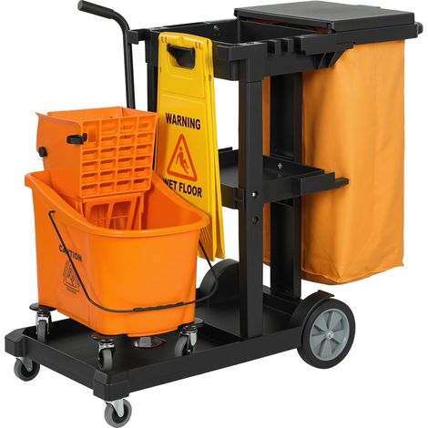 Chariot de nettoyage : Roues, 3 étagères, sac de 70 L, seau avec essoreuse. (1/5)