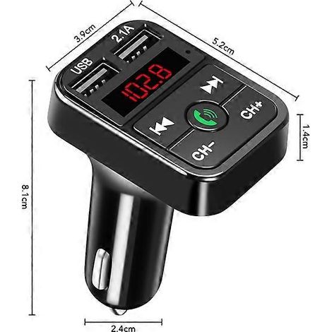 Kit mains libres Bluetooth sans fil pour voiture avec transmetteur FM, lecteur MP3 avec carte TF et écran LCD, double port USB 2.1A, chargeur de téléphone et chargeur de voiture. (1/5)