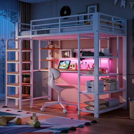 Metall Hochbett 90x200 cm mit Schreibtisch und LED-Beleuchtung, Multifunktionsbett aus Eisen mit Steckdose, Lochblech und Regal, Weiß (1/5)