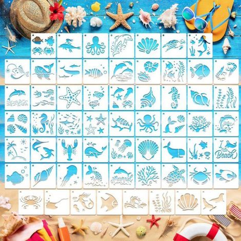 60 Pochoirs, Thème Mer, 7,6x7,6 cm, Matériau PET, Réutilisables, Bricolage et Décoration (1/5)