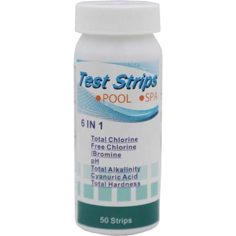 50 Packungen mit 6-in-1-Poolwasser-Teststreifen für Chlor, pH-Wert, Alkalität, Härte, Säuregehalt, Brom und Cyanursäure (1/5)