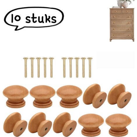 Lot de 10 poignées de meuble en bois massif à un trou forme champignon longueur 24 cm pour portes de placard et tiroirs aspect bois naturel (1/5)