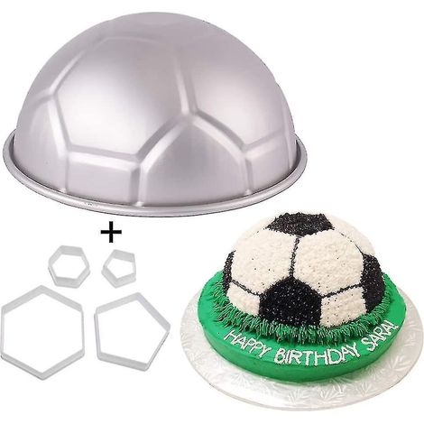 Moule à gâteau aluminium 23 cm ballon de foot 3D, avec 4 emporte-pièces hexagone pentagone, moule à tarte métal forme football, anniversaire garçon sport, moule pâtisserie complet (1/5)