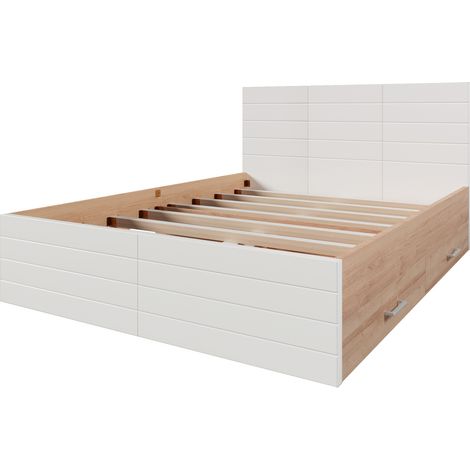 Cama doble 140x200 cm con 2 cajones, estructura y somier, blanco y roble claro (1/5)