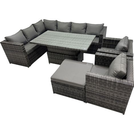 Fimous 9-seater Height Adjustable Rising Lifting Table Corner Sofa Set Rattan Garden Furniture Dining Set with Big Stool Dark Grey Mixed (1/5)