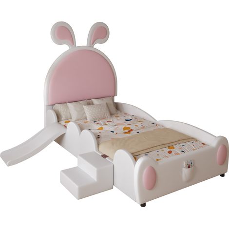 CHICFURN Cama individual infantil 90x200 cm de PU blanco y rosa con tobogán, sin colchón (1/5)
