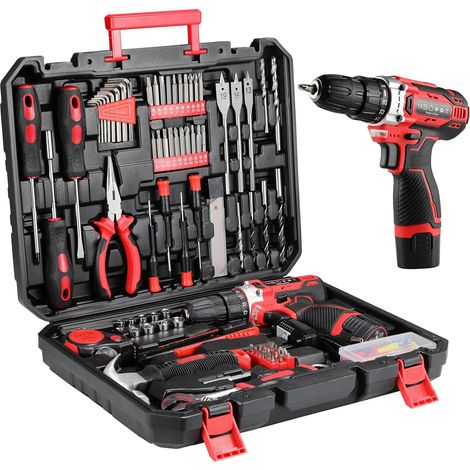 12-V-Akku-Schlagbohrmaschine, Werkzeugkasten, 138-teiliger Werkzeugkasten, kompletter Werkzeugkoffer mit Bohrer für Reparaturen