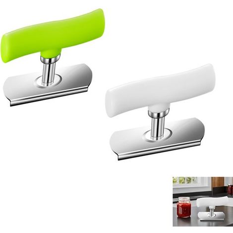 Abrelatas ajustable de 2 piezas, Abrelatas manual, Abrelatas de rosca, Fácil de usar, Acero inoxidable curvado, Blanco, verde (1/5)