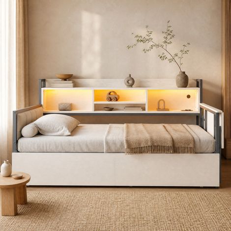 Sofá cama 90x200cm con iluminación LED escritorio extraíble cajones de almacenamiento metal color blanco (Sin colchón) (1/5)
