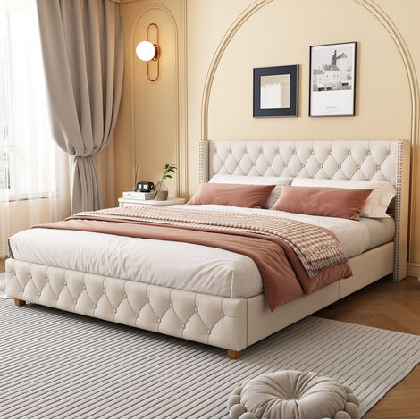 Letto imbottito capitonné 140x190 cm con testiera ad ali, rete a doghe, rivestimento in lino beige (1/5)