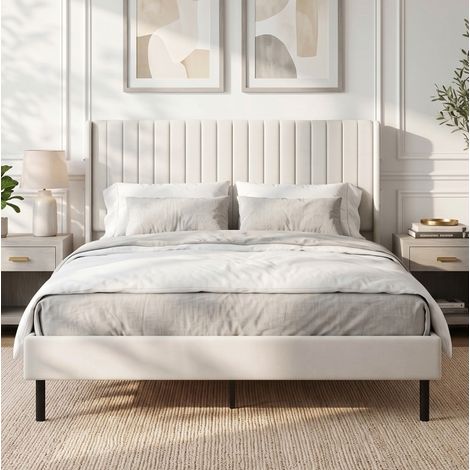 Cama doble 140/200 cm beige con cabecero ajustable y tapizado de terciopelo (1/5)