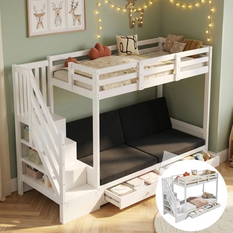 Lit superposé enfant, lit double, lit enfant multifonctionnel, avec escalier et 2 tiroirs, sans matelas, le niveau inférieur peut servir de lit ou de canapé et comprend des coussins, blanc, 90200,... (1/5)
