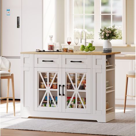 120 cm klappbare Kücheninsel mit Steckdose, USB, Glastüren und Rollen HAVRYA (1/5)