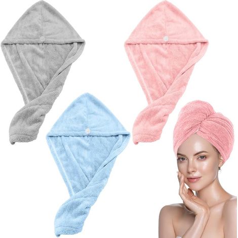 Ensemble de 3 serviettes de séchage pour cheveux en microfibre ultra-absorbante – Douces et respectueuses de la peau, anti-frisottis, séchage rapide (gris, rose, bleu) (1/5)