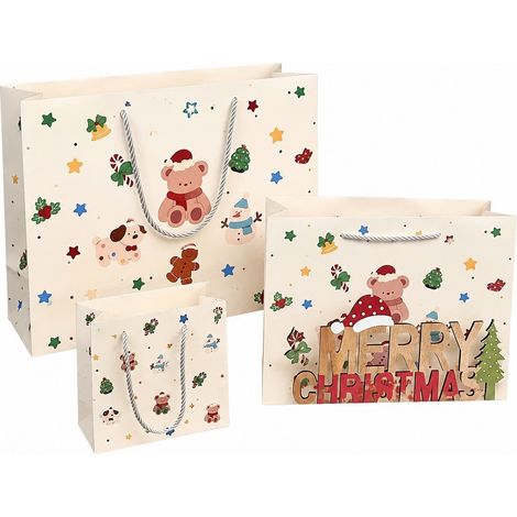 Sacs cadeaux ours en dessin animé, petit format 18 x 18 x 12 cm, sac fourre-tout en carton blanc épais, idéal pour Noël. (1/4)