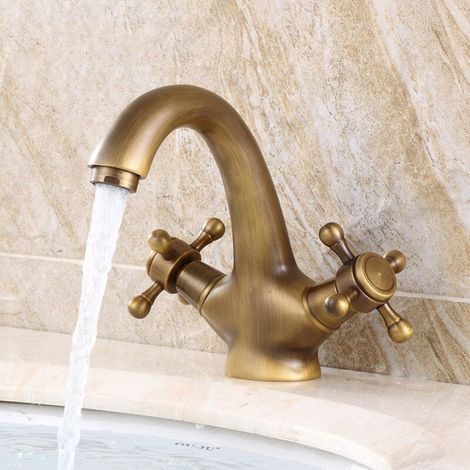 Grifo de lavabo Ulisem Vintage, grifo mezclador de lavabo cepillado, grifo de baño de doble manija con manguera de 60 cm. (1/4)