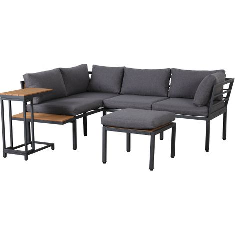 Gartenmöbel Set Lounge Set Garten mit Sofa, Beistelltisch, Couchtisch und Hocker, Verzinkter Stahl, Grau-Schwarz, für Balkon