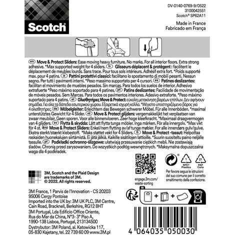 Lot de 2 patins glisseur Move & Protect Scotch®, adhésif, gris, 40 mm x 40 mm, 4/paquet -300 kg