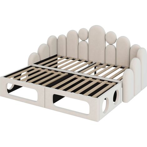 2-in-1 gepolstertes Boxspringbett 180 x 200 cm aus beigem Samt mit Haustierbett (1/5)