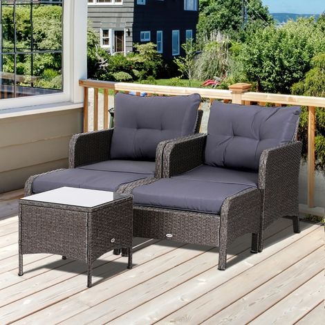 Ensemble de mobilier de jardin : 2 fauteuils, 2 repose-pieds et 1 table basse en rotin gris et verre trempé (1/5)