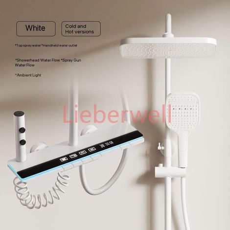 Ensemble complet de douche gris avec boutons piano et éclairage d'ambiance, affichage numérique, système de douche, robinets de pluie et pommeau de douche (1/4)