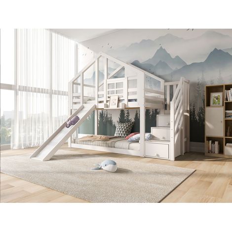 (=AB407454567W) Lit cabane pour enfant 90 x 200 cm, lit superposé pour enfants avec fenêtre, toboggan et barrière antichute, blanc, 2x sommier à lattes (sans matelas) (1/5)