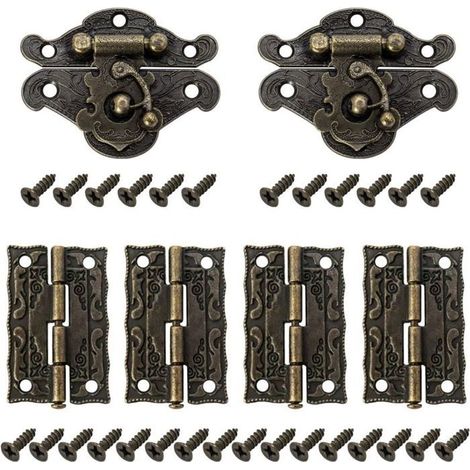 KLVGTIFS PU - Lot de 2 Verrous vintage antique, fermoir boite verrou décoratifs antiques avec 4 charnières et 28 vis pour décoratifs cabinet (1/5)