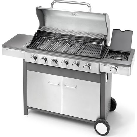 Barbecue a Gas GPL 6 Fuochi + 1 Fornello Laterale Ompagrill Indianapolis 7/B in Acciaio Inox