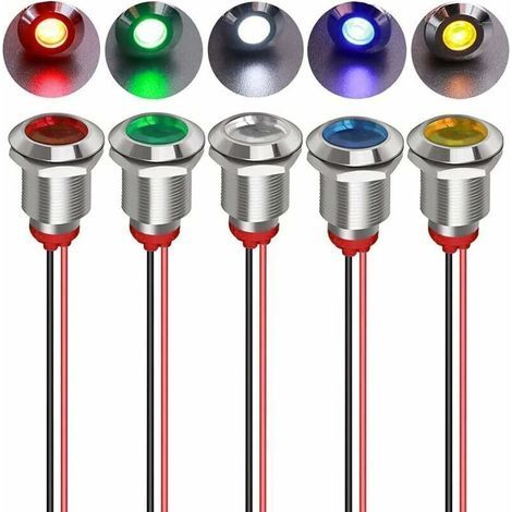 5pcs 12mm 12/24VDC LED Métal Indicateur - Lumière éTanche Signal Lampe Pilote Tableau de Bord Directionnel avec Fil (1/4)