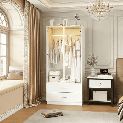 Armoire Chambre Blanche avec LED Sensoriel et 2 Tiroirs, Armoire de Porte-Vêtements avec Tringle à Suspension et Portes en Verre, Dressing Moderne en Bois Blanc, 80x50x170cm (1/5)