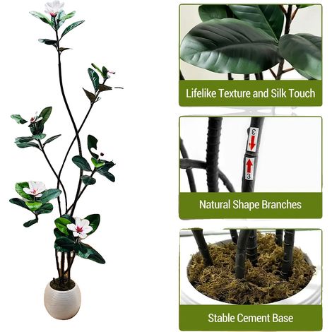 Árbol de magnolia artificial, flores artificiales realistas, decoración de interiores, 2,13 m (7 pies) (1/2)