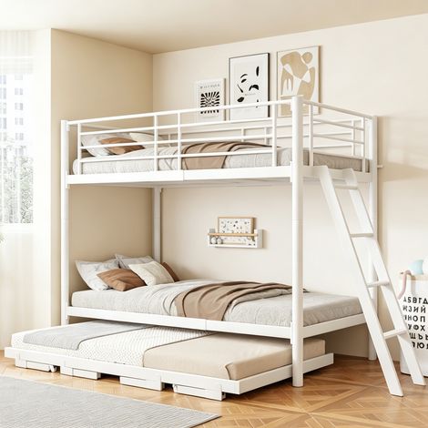 Lit superposé métal avec lit gigogne extensible 90x200 ou 180x200 cm pour enfant et ado - cadre de lit moderne gain de place avec sommier à lattes - blanc (1/5)