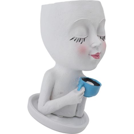 Cache-pot visage résine original adorable mini buvant un café plantes grasses avec trou drainage déco jardin intérieur extérieur blanc (1/5)
